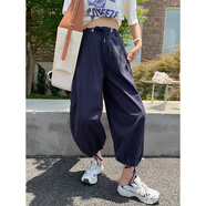 YUMOMO【限時(shí)5折】學(xué)院風(fēng)工裝紙袋褲長(cháng)褲休閑褲 紙袋褲藏藍色 S