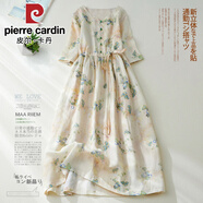 皮爾卡丹（pierre cardin）日系原單棉麻連衣裙寬松系帶印花中袖亞麻苧麻大擺旗袍長(cháng)裙 2024500件起定制批發(fā)價(jià) 單件勿拍 XL 【建議125-145斤】