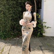 蝶霓斯復(fù)古性感優(yōu)雅花色改良旗袍中式國風(fēng)高端收腰顯瘦開叉毛毛袖連衣裙 花色 S (85-95斤)