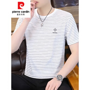 皮爾卡丹短袖t恤男士2025夏季新款冰絲燙鉆寬松圓領(lǐng)條紋半袖休閑冰感上衣 旗艦官方-Y85白色-國際品牌 2XL 145-160斤-國際品牌