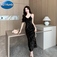 A 21 FUNB法式羽毛吊帶包臀連衣裙女秋冬感赫本風亮片黑色小禮服裙年會 黑色【2970】 S