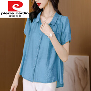 皮爾卡丹（pierre cardin）品牌高檔女裝 感女夏季貴夫人新款苧麻女裝上衣高端棉麻短袖T恤女 藍色 M