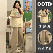 Baldauren大童女裝夏季套裝新款12-15歲初中高中學(xué)生17少女寬松短袖t恤休閑 星星#杏色T恤+卡其色褲子【套裝】 薄款 150 (S) 【65-85】斤