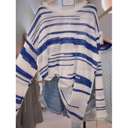 NYIG冰絲長(cháng)袖T恤女寬松中長(cháng)款條紋透氣顯瘦防曬衫薄款上衣氣質(zhì)百搭ins 藍色 均碼 冰絲條紋現貨