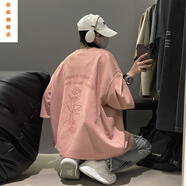 臣嬪麂皮絨短袖t恤男夏季2025新款美式復(fù)古潮牌痞帥寬松大碼半袖體恤 粉紅色 XL