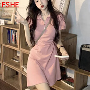 FSHE粉色運(yùn)動風(fēng)裙子Polo領(lǐng)連衣裙夏季抽繩收腰顯瘦a字短裙法式純欲風(fēng) 粉色 M 建議100-110斤