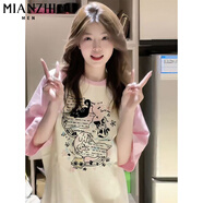 棉致美式純棉插件拼色五分短袖t恤女夏季新款小個(gè)子薄款寬松半袖上衣 D64890粉色拼杏色H款【23.5】 M 90-100斤