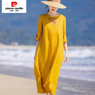 皮爾卡丹（pierre cardin）中式棉麻復古國風(fēng)連衣裙重工刺繡民族夏季旗袍裙子中長(cháng)款七分袖 夏季涼爽-黃色 2XL 建議140-160斤