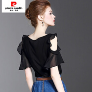 皮爾卡丹（pierre cardin）黑色一字領(lǐng)雪紡荷葉露肩上衣性感體恤夏季修身顯瘦洋氣t恤女短袖 圖片色 XL 115-125斤