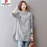 皮爾卡丹（pierre cardin）棉質(zhì)襯衣女秋裝韓版寬松刺繡格子條紋長袖寬松中長款娃娃領(lǐng)襯衫女 灰色 顏色偏灰 M 85-105斤