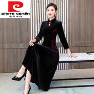 皮爾卡丹（pierre cardin）秋冬裝高端金絲絨連衣裙子高貴洋氣加厚紫色紅色旗袍改良婚宴 1512黑色 2XL