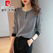 皮爾卡丹（pierre cardin）黑白格子針織衫女春秋2025新款長袖洋氣上衣寬松顯瘦打底短款毛衣 黑色 M 建議85-100斤