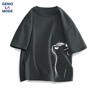 GENIOLAMODEt恤男士夏季純棉透氣寬松貓咪印花圓領(lǐng)短袖男款體恤衫 深灰 L