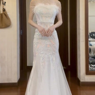 茵侈生日party成人禮2025晚禮服主持人宴會(huì )訂婚人魚(yú)姬抹胸連衣裙女春 炫彩白 L