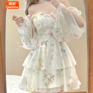 婍妡法式氣質(zhì)超仙純欲風(fēng)一字肩連衣裙子2025秋季新款時(shí)尚女裝碎花短裙 圖片色 S