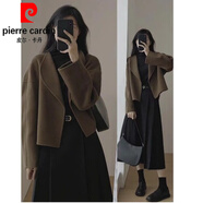 皮爾卡丹（pierre cardin）小香風(fēng)職業(yè)西裝套裝裙女2025春秋冬季新款大l碼胖穿搭一整套針織 咖色外套+黑色半身裙 M 【90-105斤】