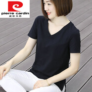 皮爾卡丹（pierre cardin）2024新款夏裝黑色雞心領短袖T恤女寬松v領上衣女白色半袖體恤 黑色T850 色 M