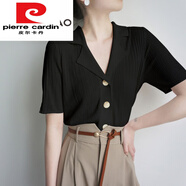 皮爾卡丹（pierre cardin）polo衫冰絲針織短袖開(kāi)衫薄款女翻領(lǐng)小香風(fēng)T恤女正肩體恤上衣夏季 黑色/短袖t恤 女/正肩t恤女/女裝 S 80~95斤