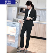 羅蒙（ROMON）  小西裝套裝女2025春秋新款氣質(zhì)大學(xué)生職場(chǎng)面試上班西服工作服女 XXN-20912黑色外套+褲子 5XL 148-158斤