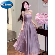 A 21 FUNB法式紫色雪紡吊帶連衣裙女夏季感氣質(zhì)收腰海邊度假仙女長(cháng)裙子 紫色【有內襯】 S