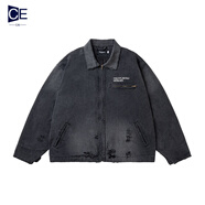 冊裁（CECAI）春秋Cleanfit手工磨破翻領(lǐng)工裝夾克男潮流重工水洗漸變底特律外套 深灰色 M