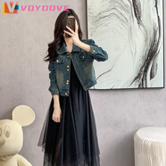 VOYDOVE復(fù)古顯瘦牛仔短外套女2025春秋新款POLO領(lǐng)百搭長(zhǎng)袖短款?yuàn)A克上衣潮 藍(lán)色【z】 XL (建議115-130斤)