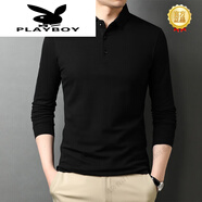 花花公子（PLAYBOY）春秋季純棉長袖t恤男純色翻領(lǐng)休閑polo體恤百搭男裝打底衫 黑色 XL 180(適合150-165斤