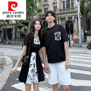 皮爾卡丹（pierre cardin）法式情侶裝T恤一裙一衣蕾絲拼接碎花連衣裙子茶歇赫本風(fēng)短袖針織 女款連衣裙 M
