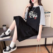 BMOI棉連衣裙短袖T恤裙韓版女夏季新款撞色長款過膝寬松大碼原宿風(fēng) 79黑色（棉好質(zhì)量） 2XL