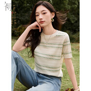 初申春夏短袖針織T恤女時尚圓領(lǐng)清爽條紋通勤休閑針織衫上衣S52T033