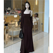 小憨鹿西服吊帶裙套裝鹽系輕熟女2025新款開(kāi)春穿搭一整套針織開(kāi)衫外套兩 棕色（開(kāi)衫+吊帶裙）秋裝搭配一 S 80斤-99斤