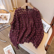 Lauaird大碼女裝外穿設計感獨特花朵鏤空長(cháng)袖蕾絲衫秋冬寬松疊穿罩衫外搭 安可拉紅 均碼