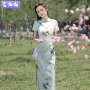 麥潮尚改良旗袍2025新款女夏季新中式年輕款高端氣質(zhì)連衣裙高貴清新淡雅 *活動(dòng)中【綠色蓮花】新中式旗袍 L 建議100-115斤