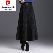 皮爾卡丹（pierre cardin）長(zhǎng)裙半身裙女2025春秋羊毛印花百褶高腰遮胯大擺a字毛呢裙子針織 黑色 M