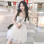 GUOCILRN胖mm女吊帶裙子小個(gè)子蓬蓬裙2025夏新款露肩網(wǎng)紗抹胸大碼連衣裙子 白色 2XL