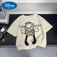 迪士尼（Disney）夏季新款兒童時(shí)尚短半袖印花百搭休閑短袖卡通T恤 米白色男童加菲貓上衣 90 均碼