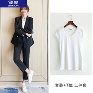 羅蒙（ROMON） 西裝套裝女2022秋季新款多色翻折袖口氣質(zhì)OL風(fēng)時(shí)尚面試西裝兩件 黑色套裝+T恤 三件套 L