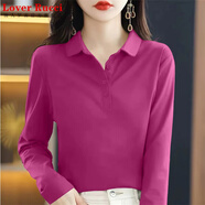 LOVER RUCCI大碼女士polo衫長(cháng)袖t恤純棉秋季款百搭顯瘦寬松減齡洋氣翻領(lǐng)上衣 玫紅色 L 建議100-120斤