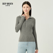 深呼吸DEEP BREATH女裝豎坑條拉鏈翻領修身純羊毛針織衫女A300996 花灰 S (2碼)