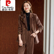 皮爾卡丹（pierre cardin）燈芯絨小西裝外套女秋冬加厚夾棉高級感輕奢女人味金絲絨西服套裝 【單件春秋】咖啡西裝外套 (105-115斤) L