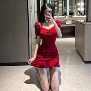 憶靜萱（YIJINGXUAN）夜店荷葉邊一字肩短袖魚尾裙夜店裝上班衣服性感收腰吊帶連衣裙女 紅色 L 105-115斤