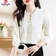 皮爾卡丹（pierre cardin）襯衫女七分袖襯衣春夏秋季新款荷葉邊小眾輕奢上衣 米白色面料 M 建議90-110斤