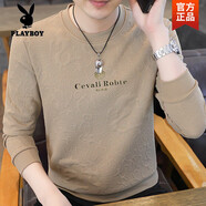 花花公子（PLAYBOY）高級(jí)提花男士休閑薄款長(zhǎng)袖t恤潮流春季體恤打底衫衛(wèi)衣秋季上衣服 卡其高質(zhì)量 L (建議115-130斤)