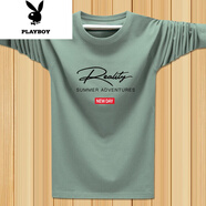 花花公子（PLAYBOY）春季長(zhǎng)袖t恤男純棉青年圓領(lǐng)韓版潮薄款百搭秋衣打底衫加大號(hào)ins 大R袖長(zhǎng)豆綠色 2XL 建議135-150斤