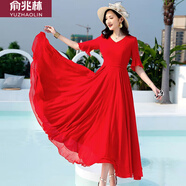 俞兆林（YUZHAOLIN）2024雙層大擺純色五分袖中長(cháng)款跳舞雪紡連衣裙過(guò)膝度假沙灘長(cháng)裙 紅色 M 100斤內