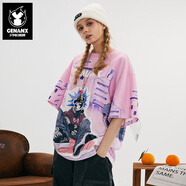 GENANX閃電潮牌夏季新品男半袖t恤涼感太空棉數(shù)碼印花吸濕排汗落肩袖短T 粉紫色 2XL 【建議】參考尺碼助手或客服