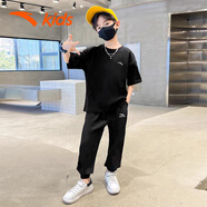 安踏兒童運動(dòng)套裝秋季短袖長(cháng)褲兩件套T恤2025新款透氣6-16歲衣服 黑T黑褲 170