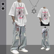 曙影（SHUYING）夏季套裝短袖T恤男生ins潮流設(shè)計感痞帥一套搭配男裝痞帥兩件套 98A544白色+項鏈+破洞牛仔褲藍(lán) L