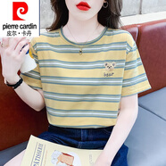 皮爾卡丹（pierre cardin）純棉短袖t恤女24年夏季新款正肩條紋半袖女裝寬松夏裝體恤上衣 1209黃色 XL (建議125-140斤)