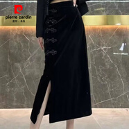 皮爾卡丹（pierre cardin）重工中式國風(fēng)加絨金絲絨半身裙女秋冬新款開叉大碼中長款一步裙子 黑色【金絲絨】 薄款 L 建議90-115斤